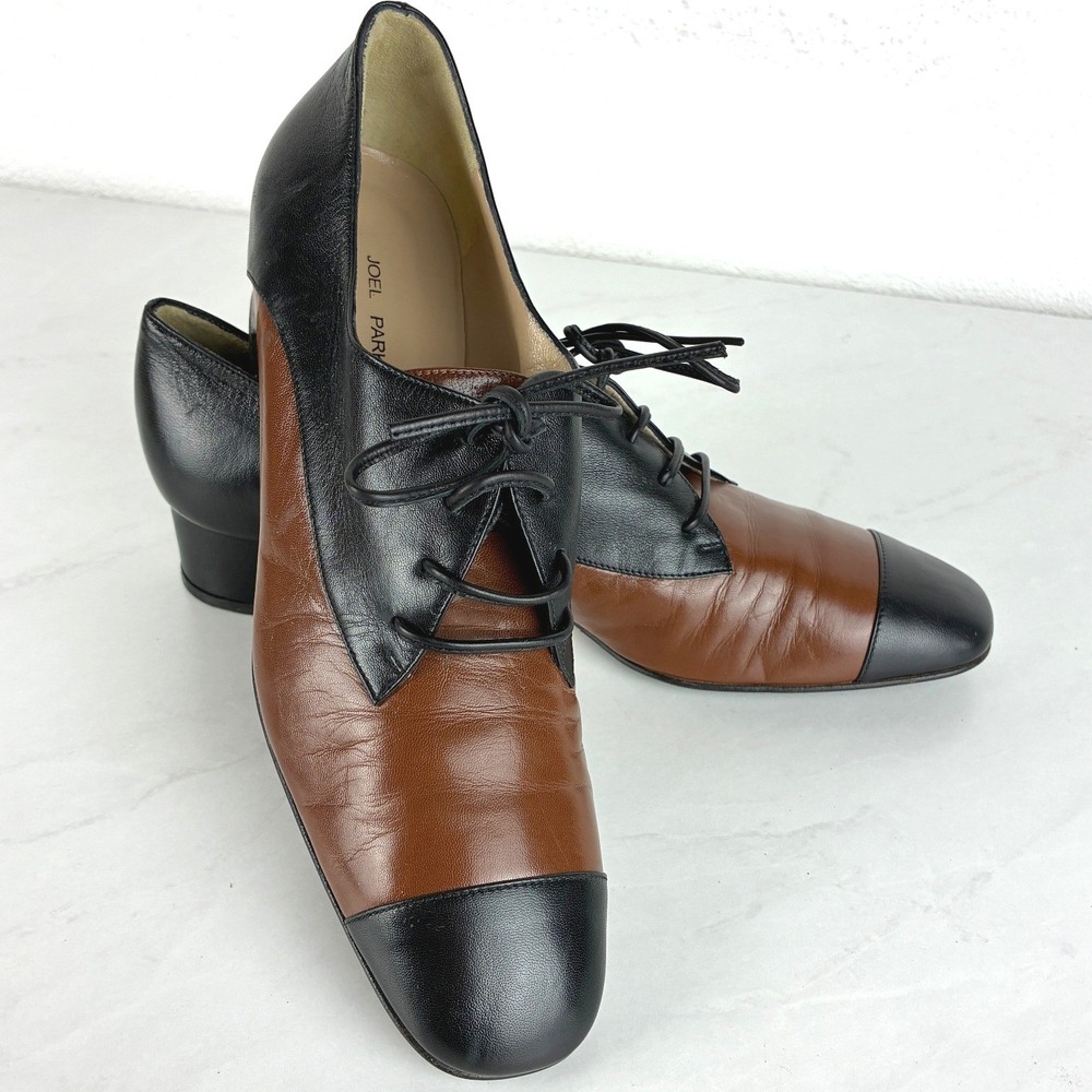 Joel Parker Black Brown Leather Lace Up Oxford Heels - 8- Italian Cap Toe Vtg